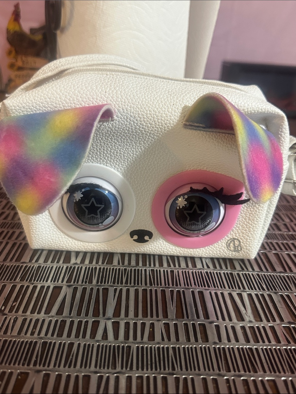 White Puppy Face Crossbody Bag with Rainbow Ears. Inside show the picture. Stain